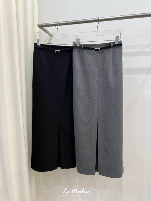 前開衩西裝長裙(附腰帶)